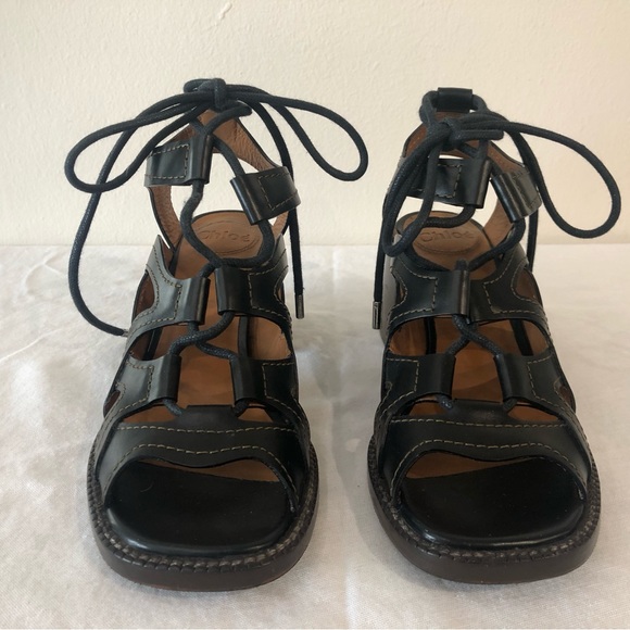 Chloe Black Leather Lace Up Shoes Gaile Gladiator Heeled Sandal Size 37.5 - Picture 2 of 6